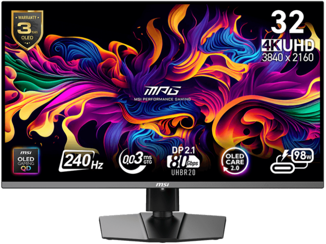 MSI MPG 322URX QD-OLED — игровой монитор с разрешением 4K, частотой обновления 240 Гц и портом DisplayPort 2.1a UHBR20.
