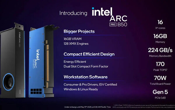 Карты Intel Arc Pro B50 с архитектурой XE2 и 16 ГБ памяти GDDR6 за 349 долларов продаются как свежие рулоны