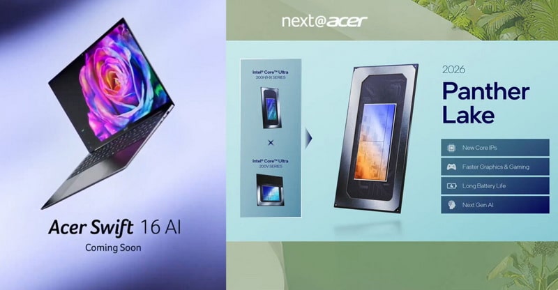 Acer представил Swift 16 AI - первый ноутбук, основанный на озере Intel Panther с гигантской сенсорной панелью