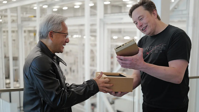 Дженсен Хуанг лично доставил Илону Маску новую игрушку NVIDIA. Это мини-ПК с производительностью 1 петафлопс.
