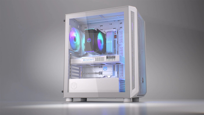 Endorphy Arx 500 White ARGB — корпус с вентиляторами Stratus 140 белого цвета. Просторная версия со стеклянной панелью.