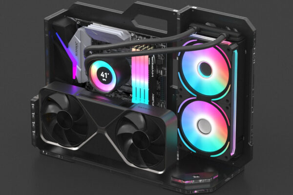 GEEEK EXO 1 — открытый корпус mATX для небольших ПК. Акриловая конструкция с местом для AiO и вертикальной установкой графического процессора