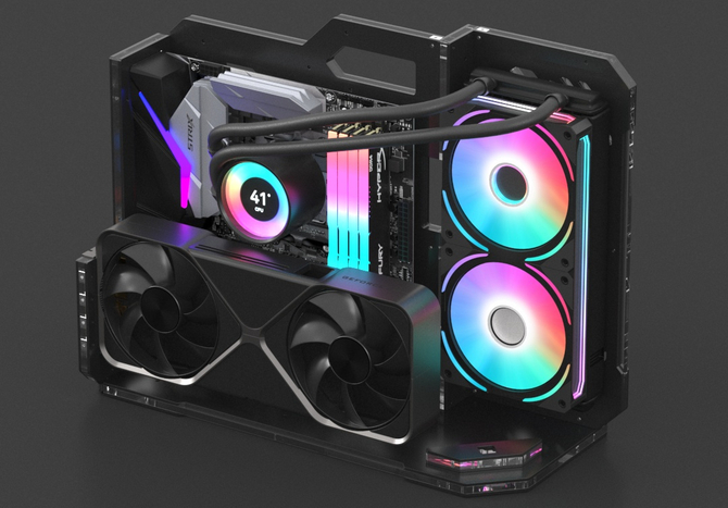 GEEEK EXO 1 — открытый корпус mATX для небольших ПК. Акриловая конструкция с местом для AiO и вертикальной установкой графического процессора