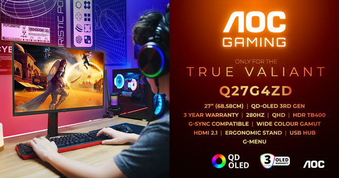 AOC Gaming Q27G4ZD — новый игровой монитор с экраном QD-OLED, частотой обновления до 280 Гц и поддержкой NVIDIA G-SYNC.